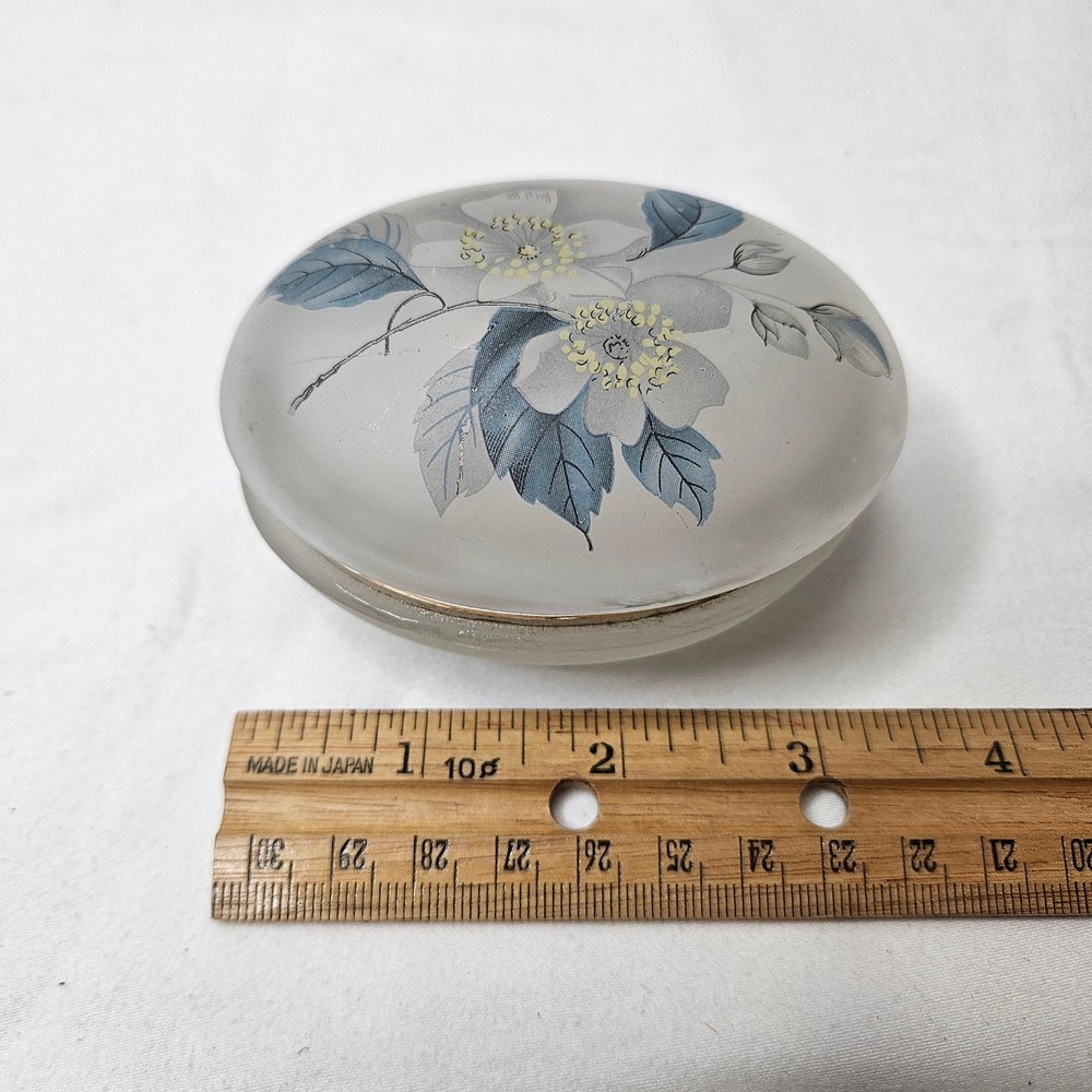 Vintage Frosted Glass Oval Trinket Box Blue Floral Dogwood Hinged Lid Gold Trim